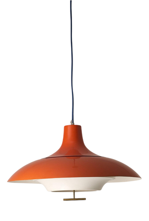 Large Mid-Century Orange Metal Pendant with White Diffuser and Brass Detail, 1960s