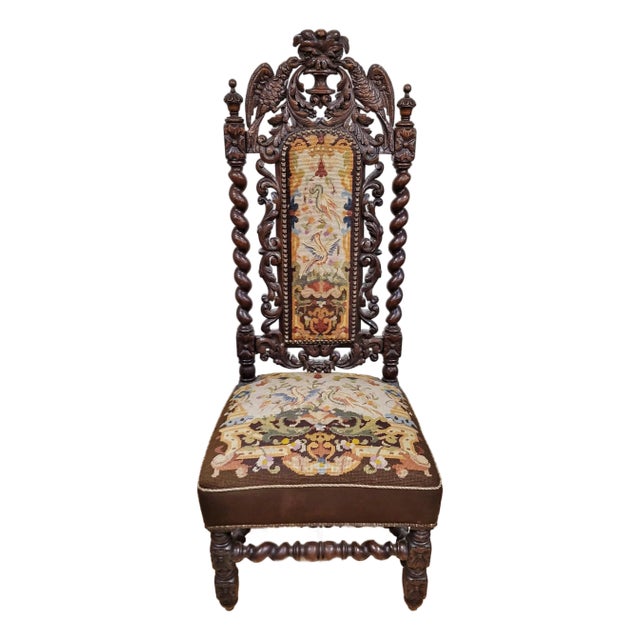 Antique French Renaissance Revival Jacobean Carved Needlepoint Chair For Sale