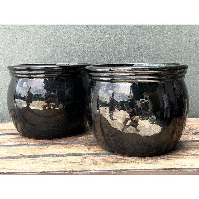 Vintage Ceramic Planters in Black Over Green Glaze - Set of 2 For Sale - Image 15 of 17