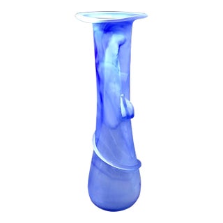 Romanian Blue and White Hand Blown Swirl Vine Vase 16.75" Tall For Sale