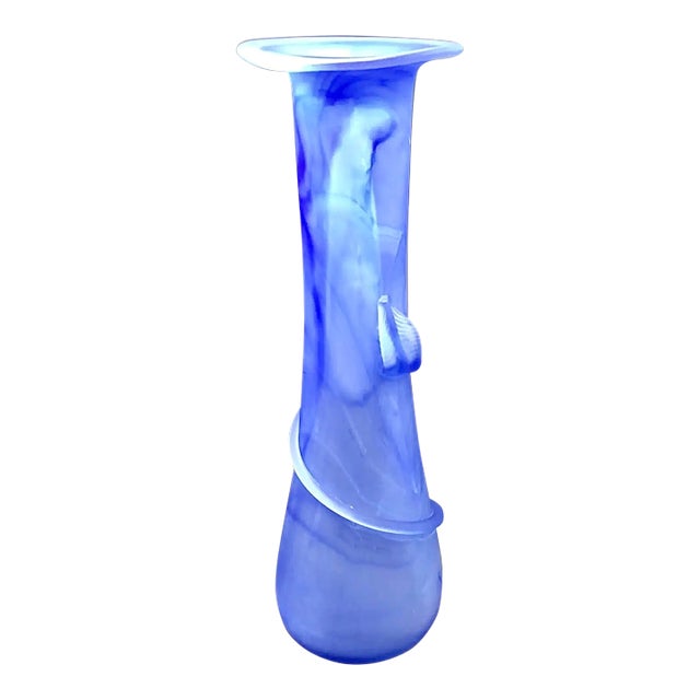 Romanian Blue and White Hand Blown Swirl Vine Vase 16.75" Tall For Sale