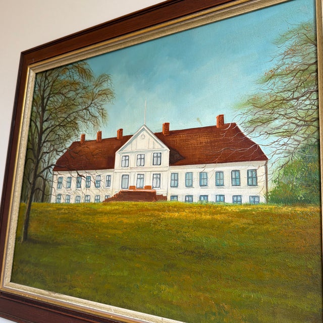 Wood Danish Manor House, Framed Oil on Canvas For Sale - Image 7 of 11