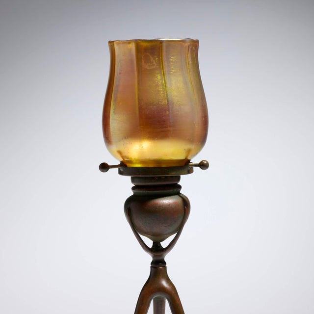 American Antique Tiffany Studios Tripod Candlestick With Favrile Glass Shade For Sale - Image 3 of 10