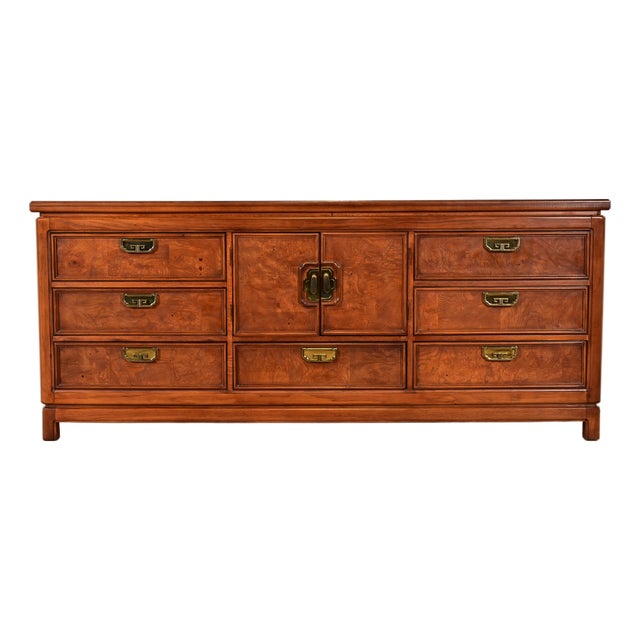 Thomasville Mid-Century Hollywood Regency Chinoiserie Burl Wood Long Dresser or Credenza, Circa 1970s For Sale