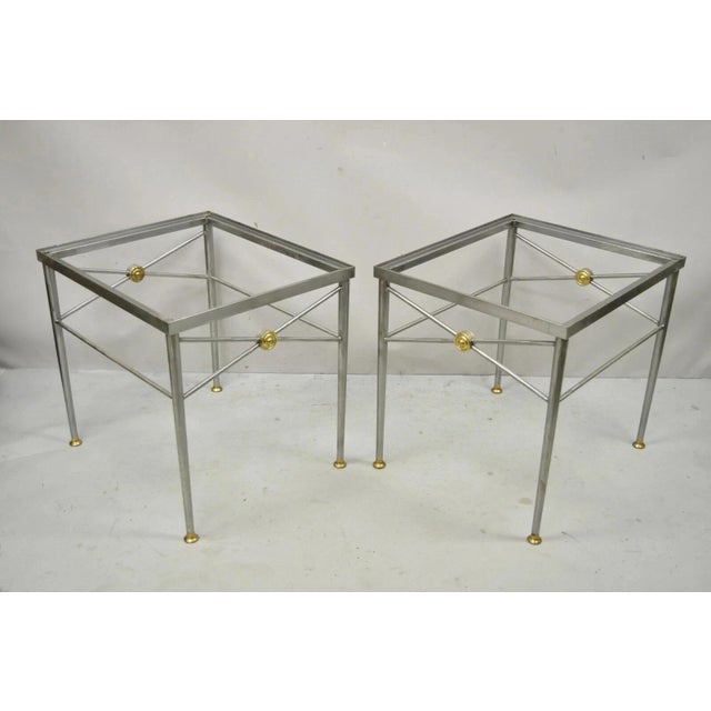 Italian Directoire Maison Jansen Style Brushed Steel & Brass End Table Bases - A Pair For Sale - Image 12 of 12