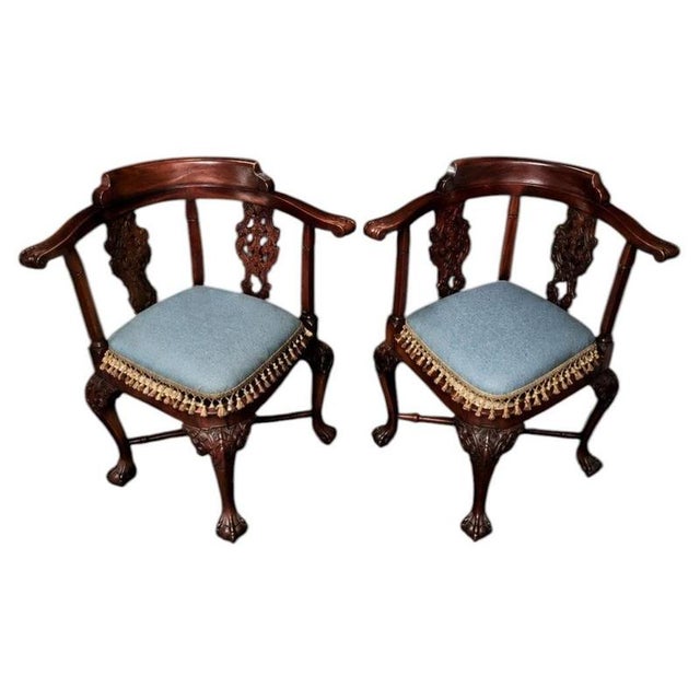 Chippendale Carved Mahogany Corner Chairs with Cane Seats and Cushions, 1890s, Set of 2 For Sale - Image 9 of 9