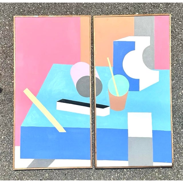 Abstract Vintage Boho Geometric Abstract Still Life Oil on Canvas - Set of Two For Sale - Image 3 of 3