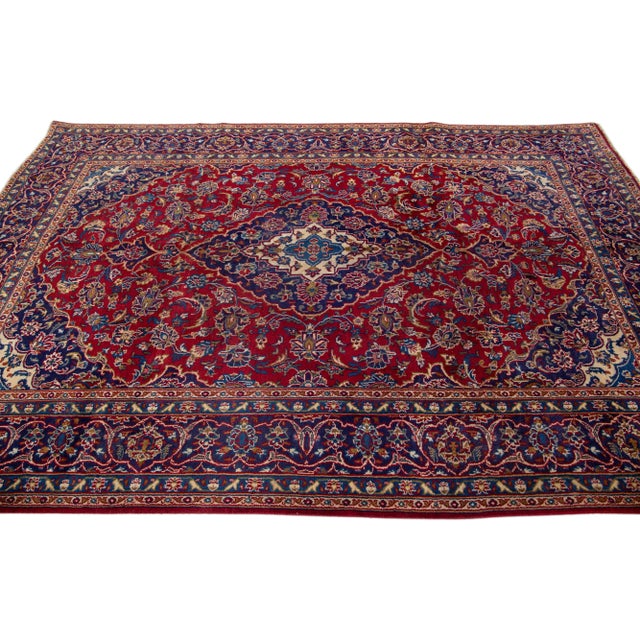 1960s 1960s Vintage Persian Kashan Handmade Red Medallion Wool Rug For Sale - Image 5 of 7