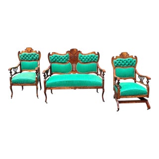 Antique Victorian Art Nouveau Walnut Parlor Suite in Malachite Green, 3 Pieces For Sale