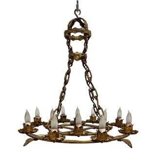 Antique French Brutalist Gilt Forged Iron 12-Light Chandelier For Sale