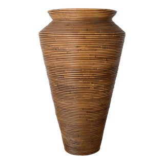 Vintage Boho Gabriella Crespi Style Pencil Reed Rattan Floor Vase For Sale