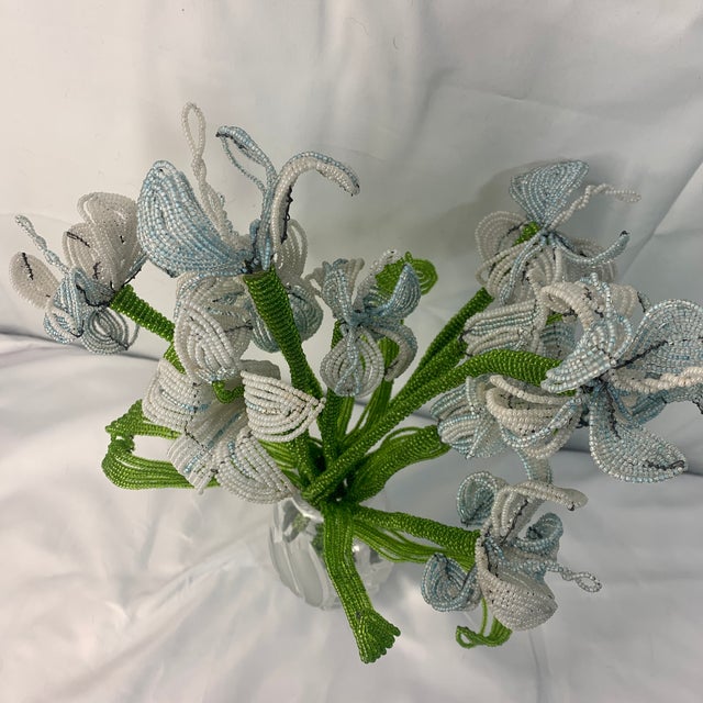 Metal French Beaded Flowers Pale Blue and White Iris For Sale - Image 7 of 12