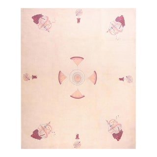 1950s Ivory Geometric Vintage American Hooked Rug 11' X 14' Knotted Wool Carpet For Sale