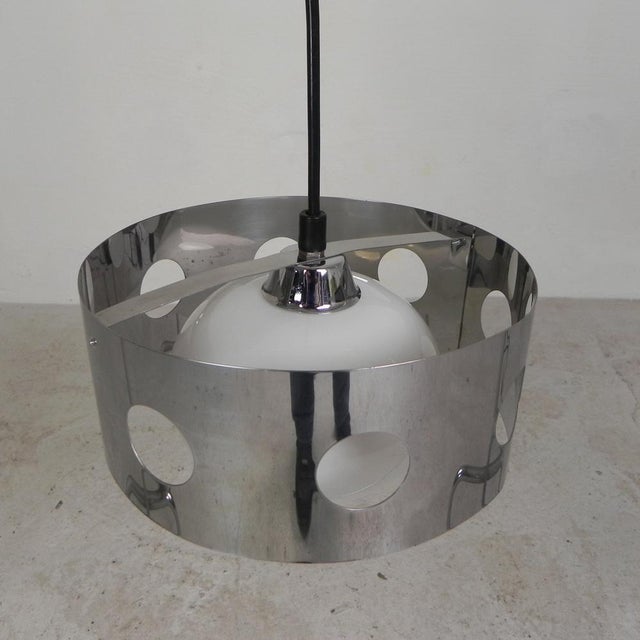 Metal Vintage Pendant Lamp with Chrome Cylinder and Glass Globe, 1960s For Sale - Image 7 of 13