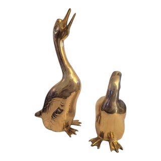 Massive Vintage Hollywood Regency Solid Brass Heavy Ducks Geese Tall Room Decor Statues- A Pair For Sale