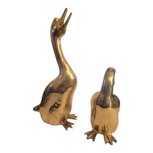 Massive Vintage Hollywood Regency Solid Brass Heavy Ducks Geese Tall Room Decor Statues- A Pair