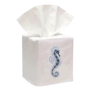 Blue Seahorse Tissue Box Cover in White Linen & Cotton, Embroidered