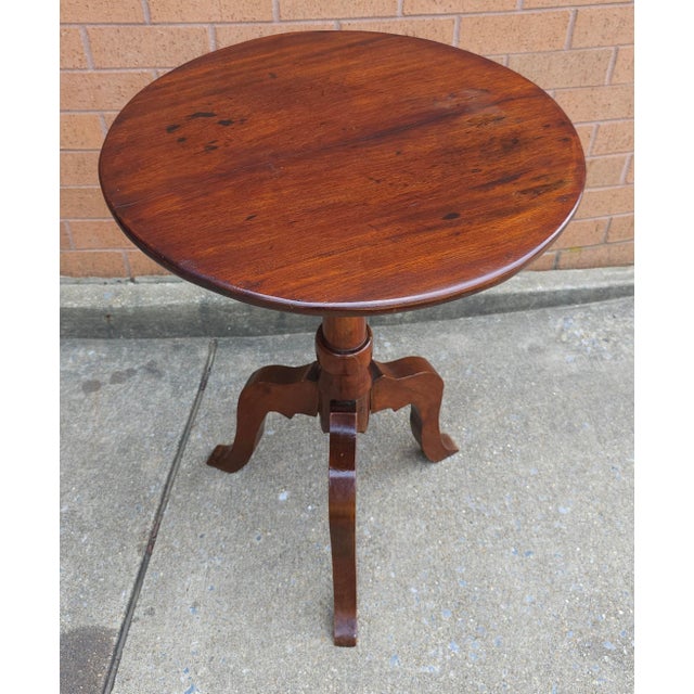 19th Century Mahogany Pedestal Tripod Candle Stand Side Table. Measures 20.5" in diameter and stands 29" tall.