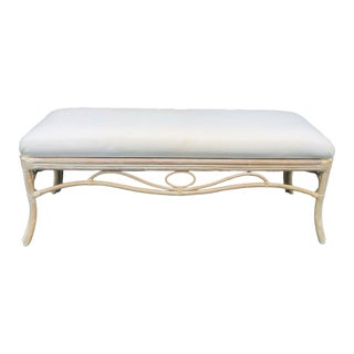 Vintage Rattan Upholstered Regency Coastal Seat Wave Design Hall Bench For Sale