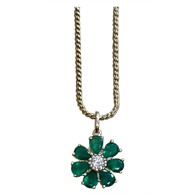 Emerald and Solitaire Diamonds Flower Pendant Necklace 14 Karat Yellow Gold For Sale - Image 15 of 18