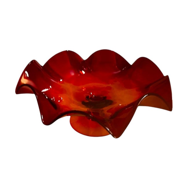 1960s 1960s Blenko Red Orange Footed Ruffled Blown Amberina Glass Compote Bowl For Sale - Image 5 of 7