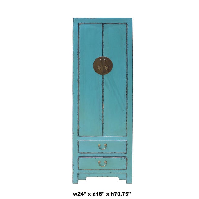 Oriental Distressed Light Aqua Blue Lacquer Moonface Slim Storage