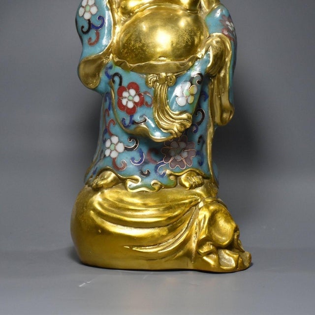 Metal Late 20th Century Cloisonné Enamel Laughing Buddha Standing Figurine, Gilded Copper Floral Statue For Sale - Image 7 of 9