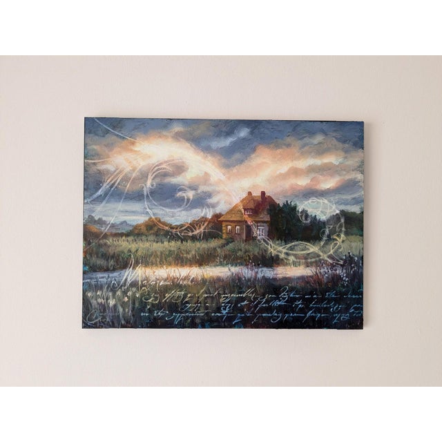 This artwork depicts a serene sunset over the Saint Michel House, illuminated by warm, golden light that casts a tranquil...