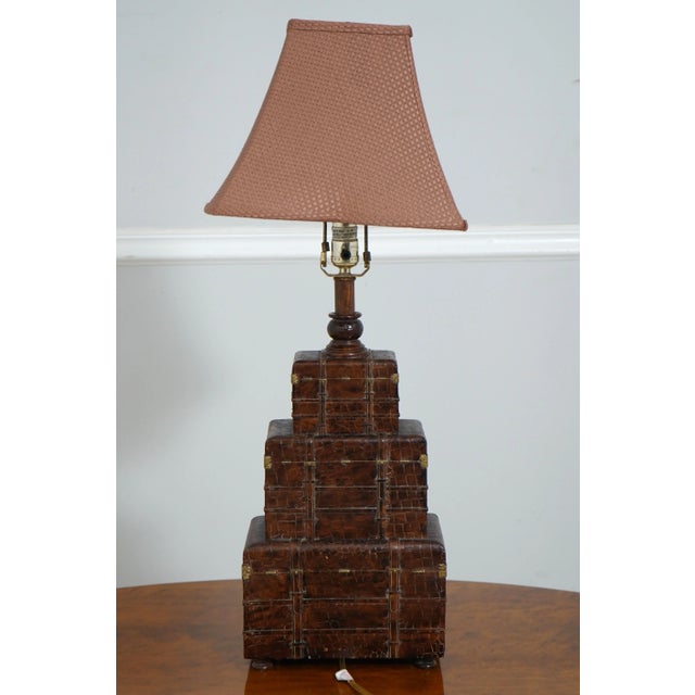 Traditional Pair Textured Leather Design Stacking Chest Lamps For Sale - Image 3 of 12