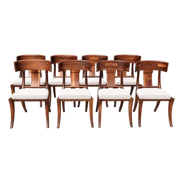 Stunning Set Walnut Klismos Dining Chairs Set of 8 W/Cushions For Sale