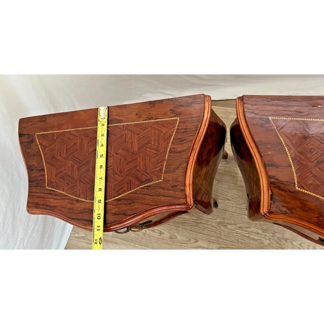 Antique Pair of French Nightstand Tables, Two Drawers, Inlays, Brass Ormolu For Sale - Image 9 of 11