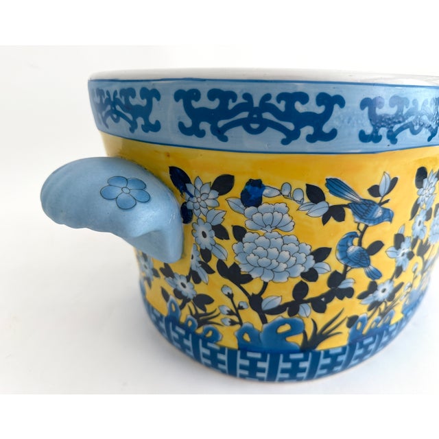 Vintage Yellow & Blue Chinoiserie Porcelain Footbath Planter W/ Koi Fish For Sale - Image 11 of 12
