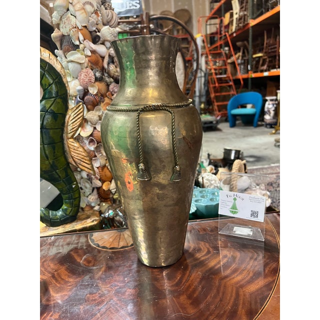 Mid-Century Modern Large Vintage Brass Vase With Rope and Tassel Details For Sale - Image 3 of 10