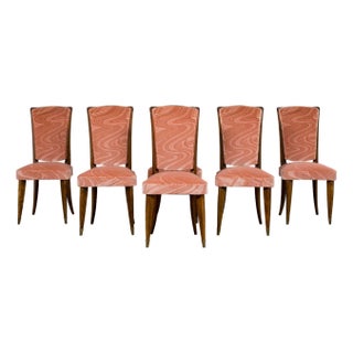 1940s French Parisian Art Deco Oak Dining Chairs in Blush Velvet - Set of 6 For Sale