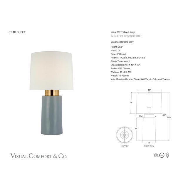 Barbara Barry by Visual Comfort Signature Xian 30" Table Lamp in Sky Gray and Soft Brass with Linen Shade Designer:...