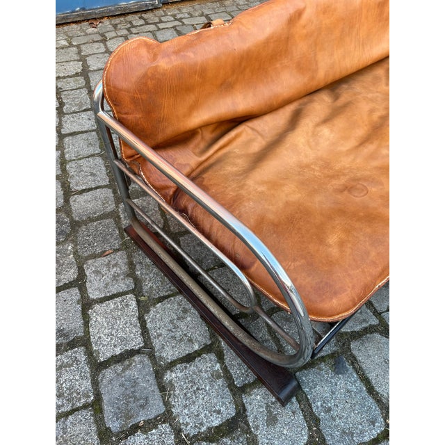 Wood Sled Sofa in Genuine Leather with Chrome Finish by Hynek Gottwald For Sale - Image 7 of 11
