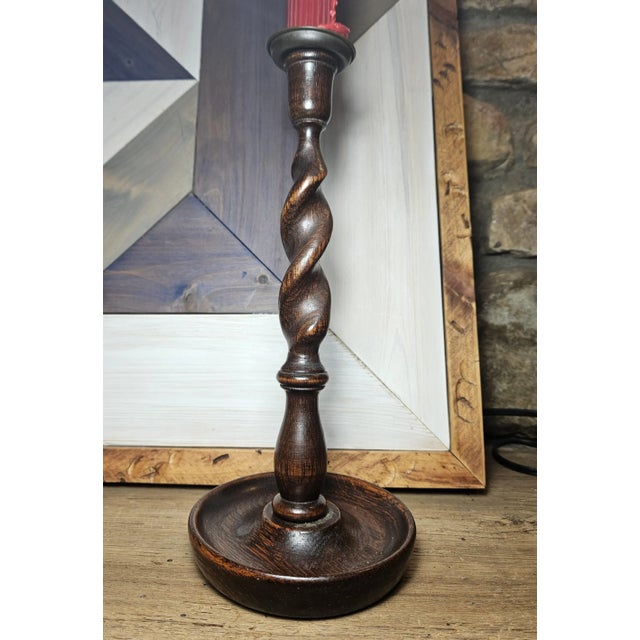 Early 20th Century Pair of Antique English Oak Barley Twist Candlesticks For Sale - Image 5 of 14