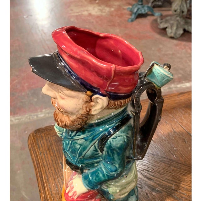 19th Century French Onnaing Hand-Painted Barbotine Soldier Pitcher For Sale - Image 4 of 10