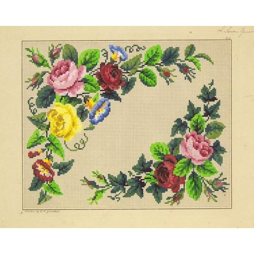 An original mid-19th-century gouache painting Berlin Woolwork Handpainted Floral Design.This wonderfully vivid and highly...