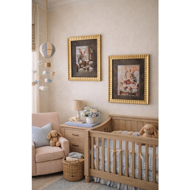 Gold Large Storybook Bunny Reading Canvas Nursery Wall Art in Gold Ribbed Heavy Frames Pair For Sale - Image 8 of 8