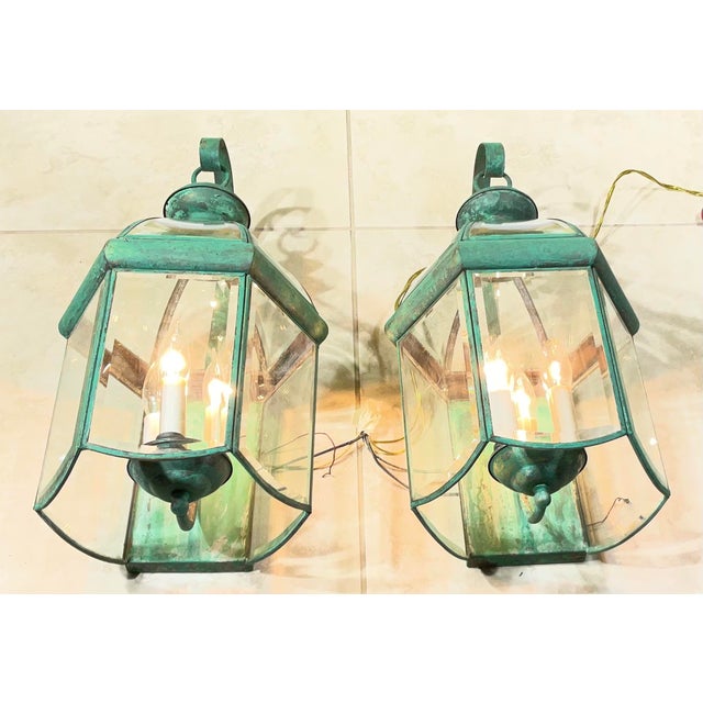 American Elegant Pair of Vintage Brass Wall Lanterns - 18”.5 X 9” For Sale - Image 3 of 16