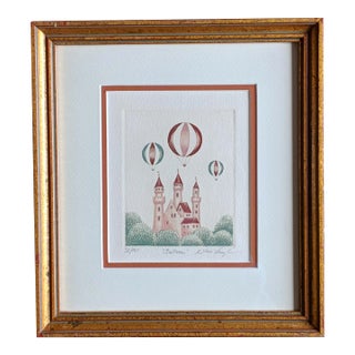 Vintage Hot Air Balloon Pencil Signed "Balloon" Lithograph Framed For Sale