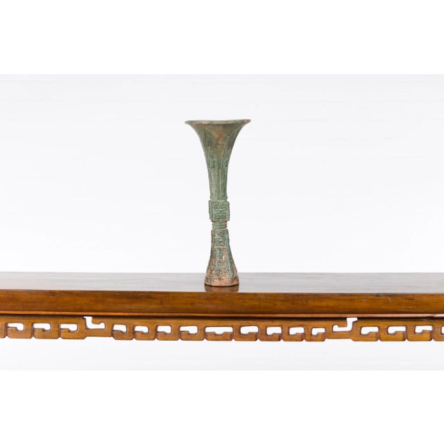Asian Vintage Lost Wax Cast Bronze Flute Shaped Ceremonial Vessel with Verde Patina For Sale - Image 3 of 12