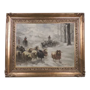 Vassilis Germenis Greek Oil on Board Painting of a Shepherd With Goats