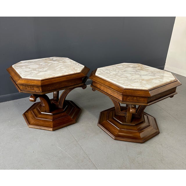 1960s 1960s Pair of Hollywood Regency Octagonal Calacatta Marble Side Tables W/Brass Accents For Sale - Image 5 of 9