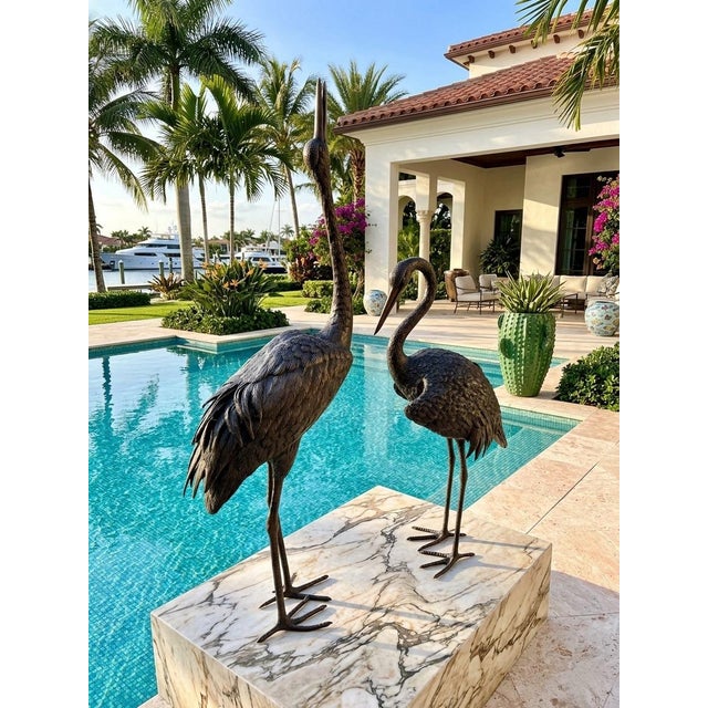 Bronze Pair of Vintage Hollywood Regency Bronze Garden Cranes For Sale - Image 8 of 10