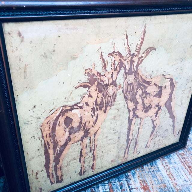 Tribal Original Batik Painting of Young Ibex, Framed Under Glass For Sale - Image 3 of 11