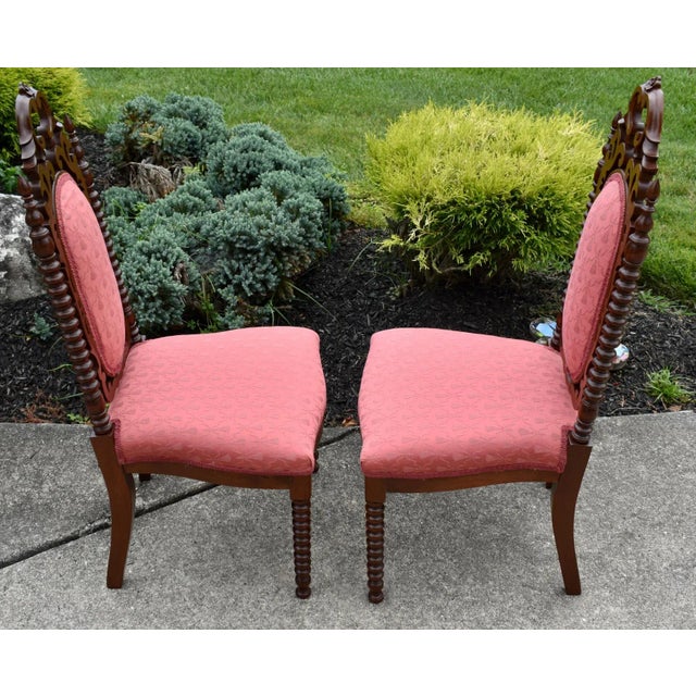 Antique Walnut Boudoir Chairs Victorian Side Spindle Carved Pair 1880s Coral For Sale - Image 9 of 12