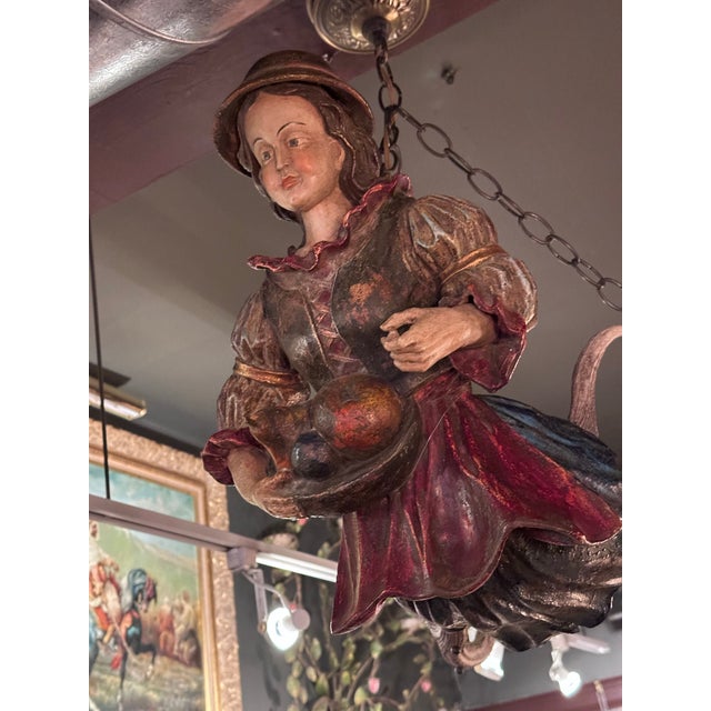 Figurative Antique Black Forest Lusterweibchen Figural Chandelier, Polychrome Carved Wood Maiden With Fruit, Swiss, 19th Century [Hb] For Sale - Image 3 of 6