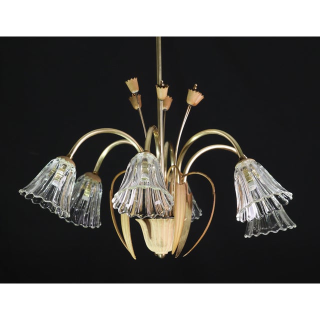 1950 Art Decò Murano Glass and Brass Chandelier, 6 Light For Sale - Image 9 of 18